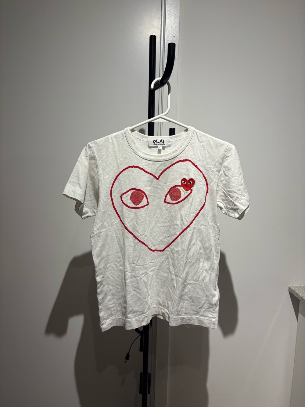 CDG White Tee with Red Heart Eyes Graphic - Women’s